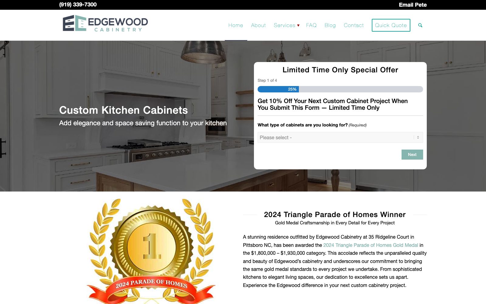 The current edgewoodcabinetry.com homepage