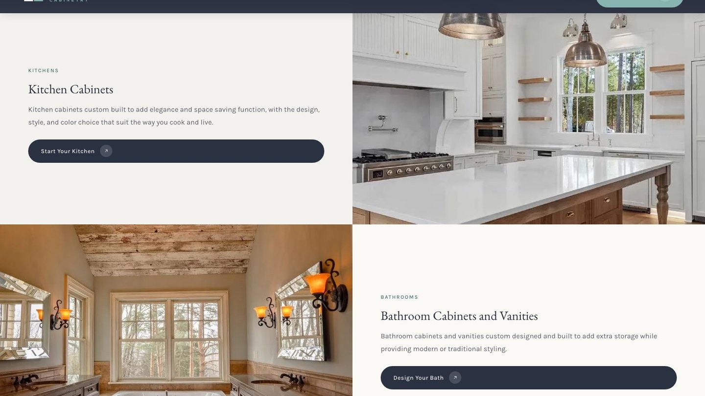 The kitchen cabinets section of the new homepage