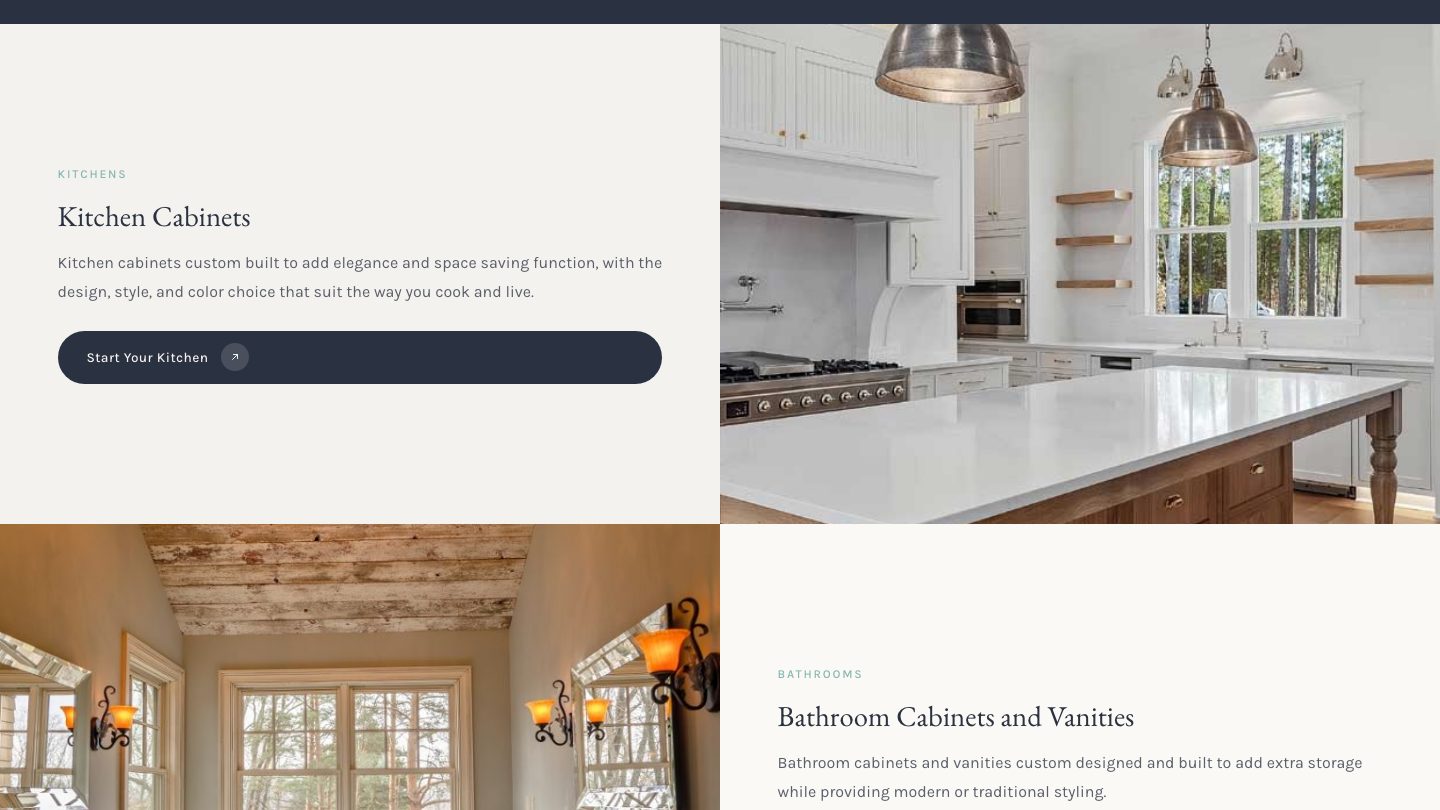 The kitchen cabinets section of the new homepage